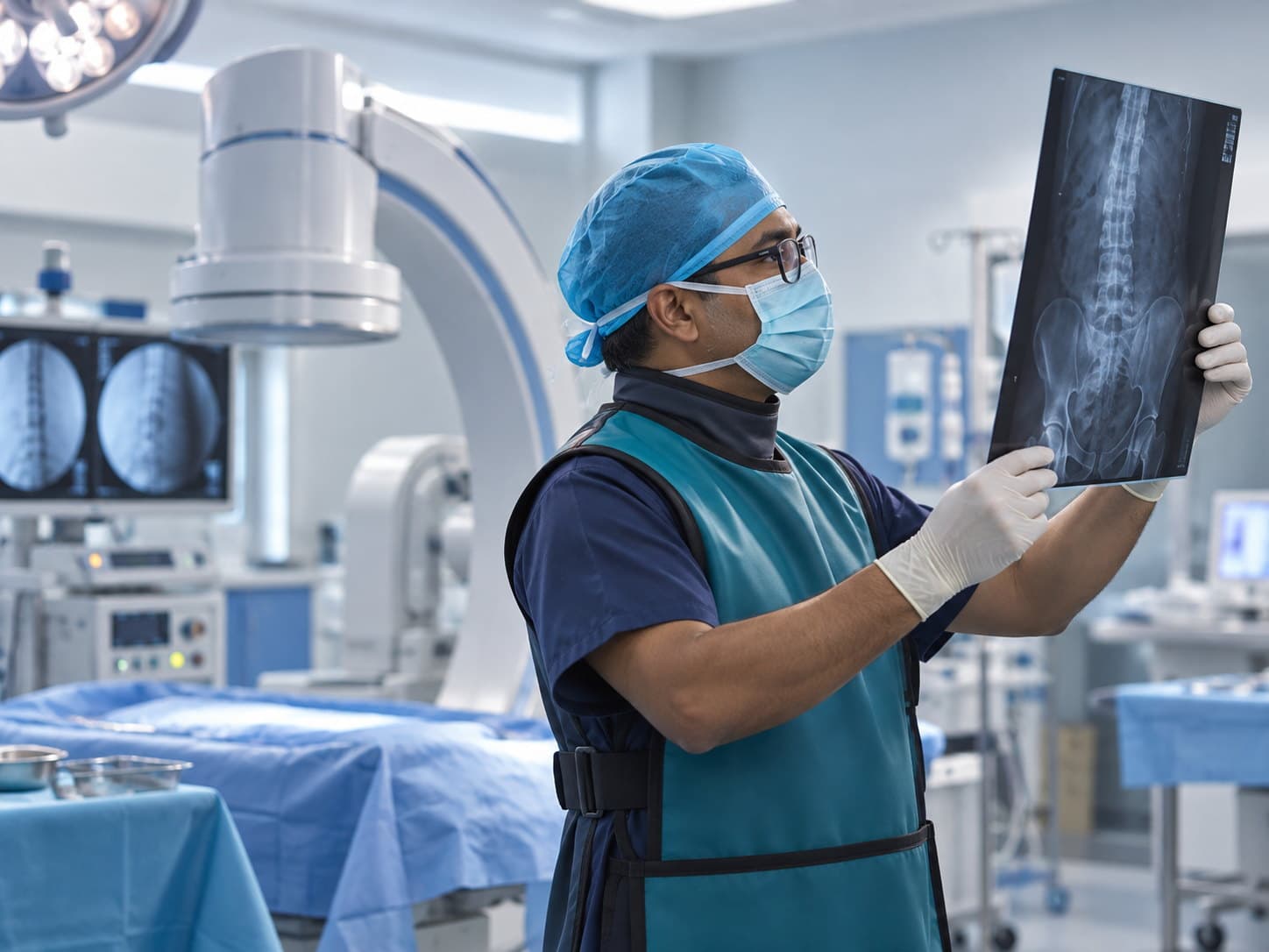 Praticien en tablier de radioprotection examinant un cliché radiologique devant un arceau de bloc opératoire